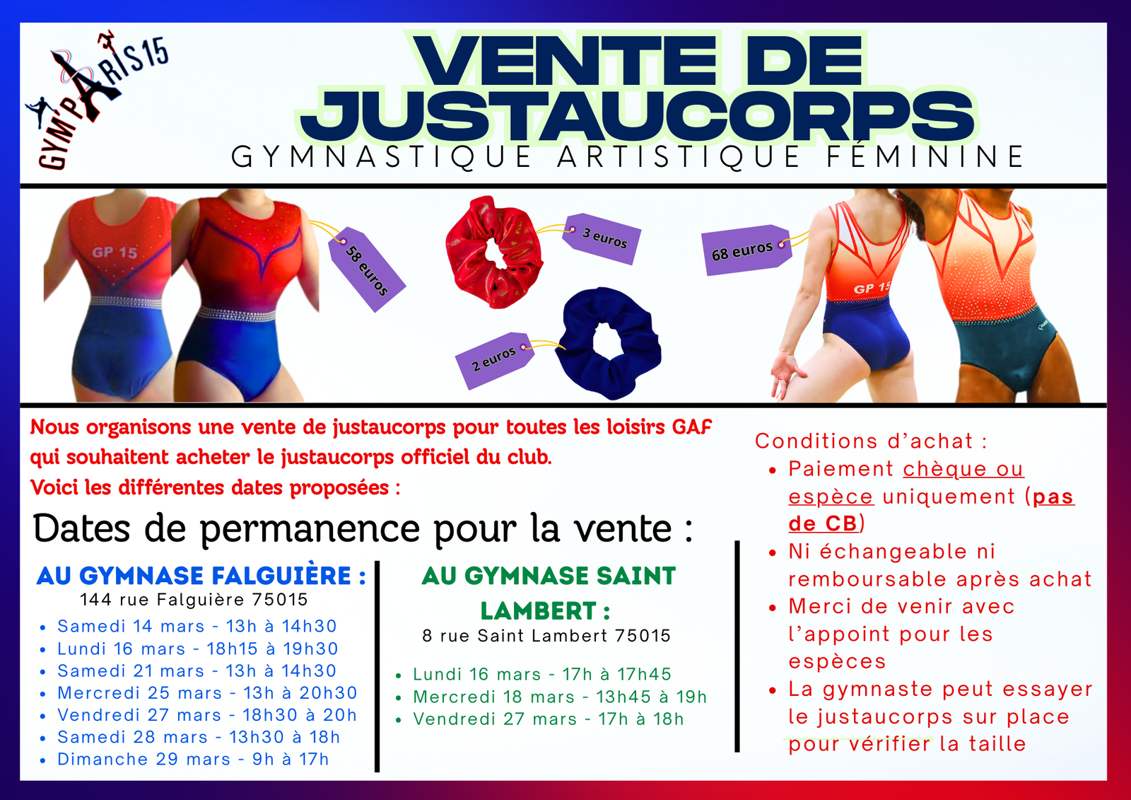 Vente de Justaucorps du Club - LOISIRS GAF