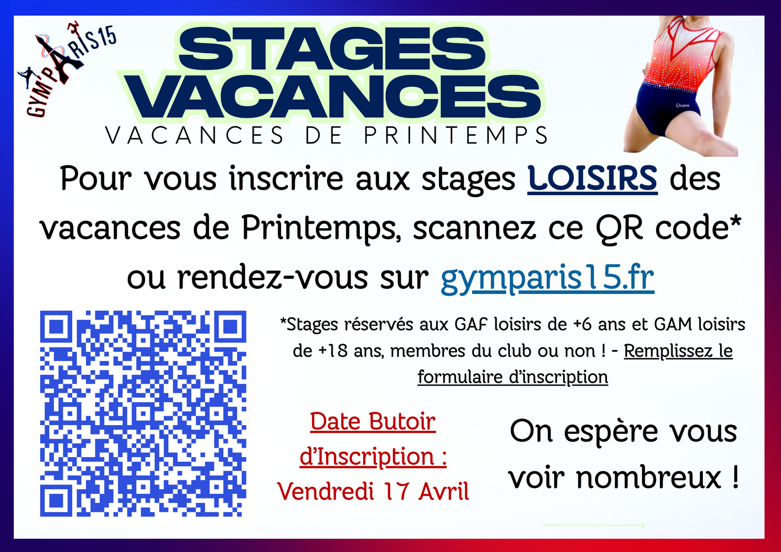 GYM PARIS 15 - Ouverture des inscriptions des stages de Printemps