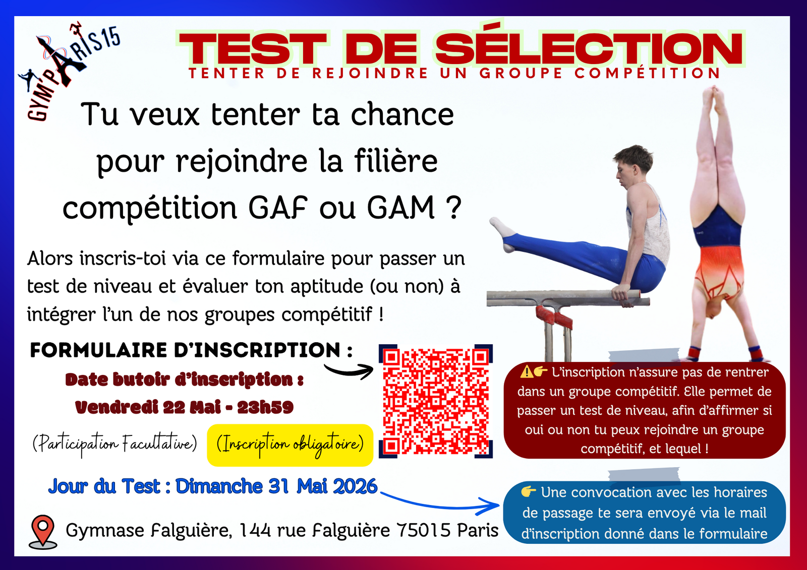GYM PARIS 15 - TESTS DE SELECTION GAF/GAM pour la Saison 2026/2027