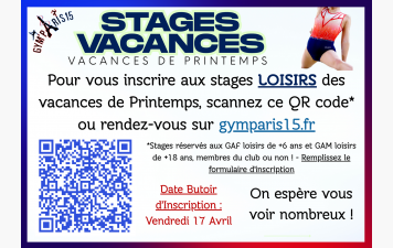 GYM PARIS 15 - Ouverture des inscriptions des stages de Printemps